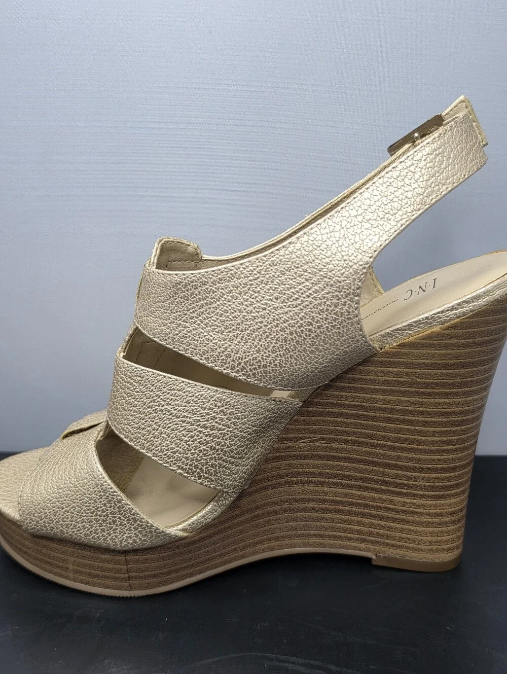 INC International Concepts metallic gold strappy platform wedge sandals 7.5